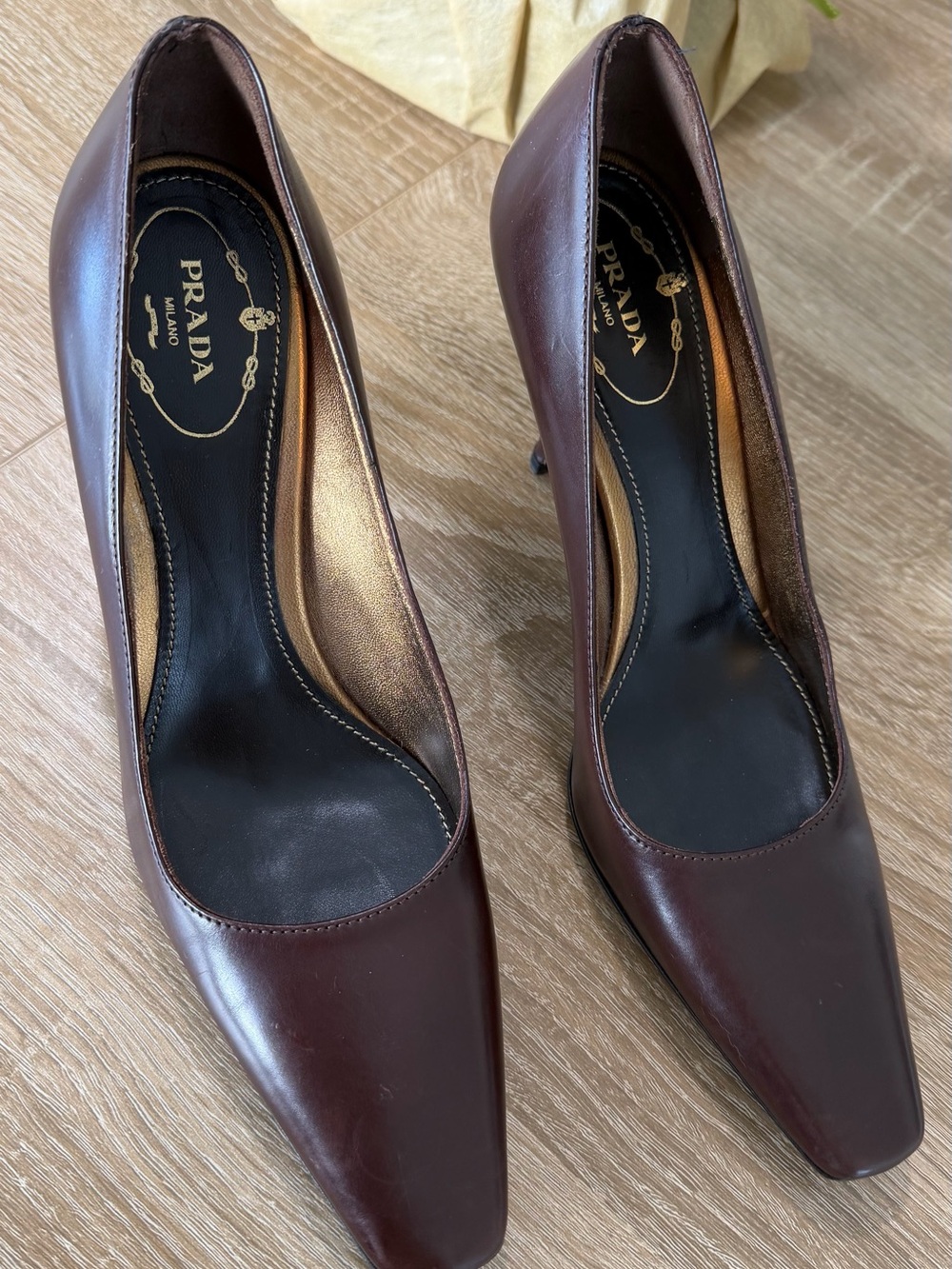 Prada Women's Dark Brown Leather Square-Toe Pumps - Picture 3 of 6